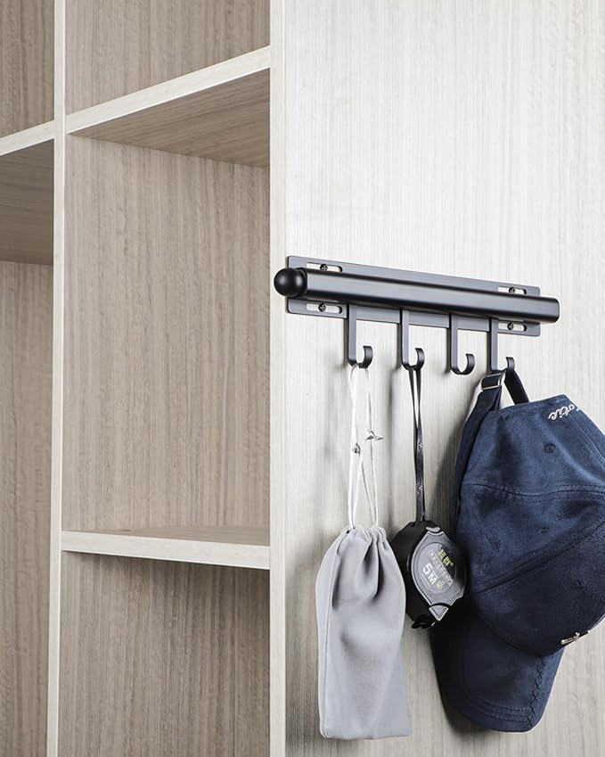 BaiNong 12 inch Valet Rod for Closets Pull Out Closet Valet Rod Slide Out Black Pull Out Clothes Hanger With 4 Hooks