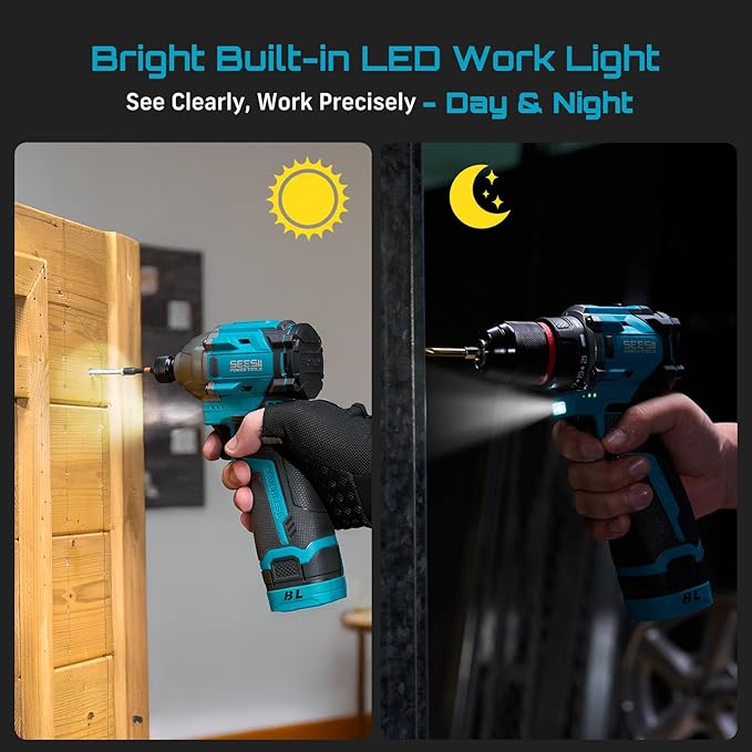 SEESII Cordless Drill Impact Driver 16.8V Brushless Power Tool Combo Kits 2x 2.0Ah Batteries w/Charger, 16-Pc Bits, Tool Bag, 3/8'' Drill & 1/4'' Impact Driver for Home DIY, Woodworking (Blue)