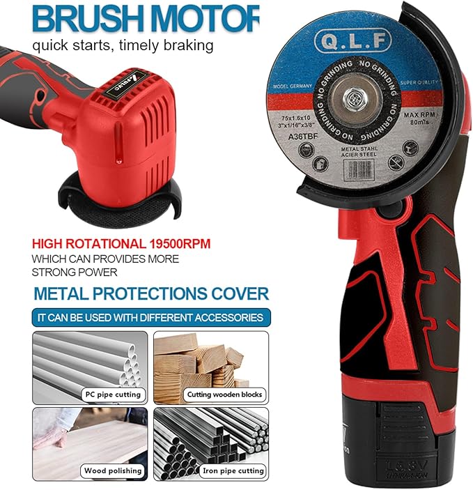 Cordless Brush Angle Grinder Kit, 19500rpm Mini Electric Angle Grinding Tool with 2pcs 16.8V 2000mAh Batteries and 5-Cutting Discs, Grinder Handheld Cutter for Metal Wood