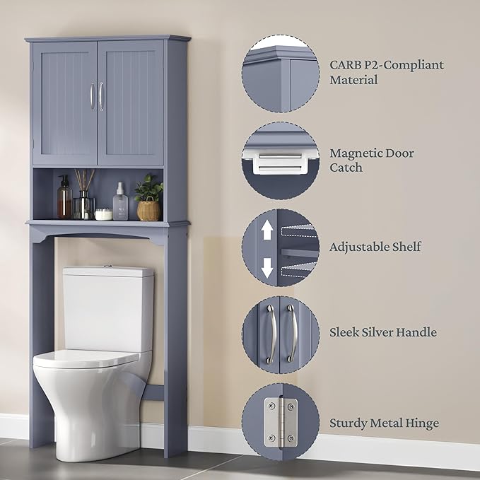 Yaheetech Over The Toilet Bathroom Cabinet with 2 Doors & Adjustable Shelf, Free Standing Toilet Rack Space-Saving, L24.5xW9xH66 Inches, Grey