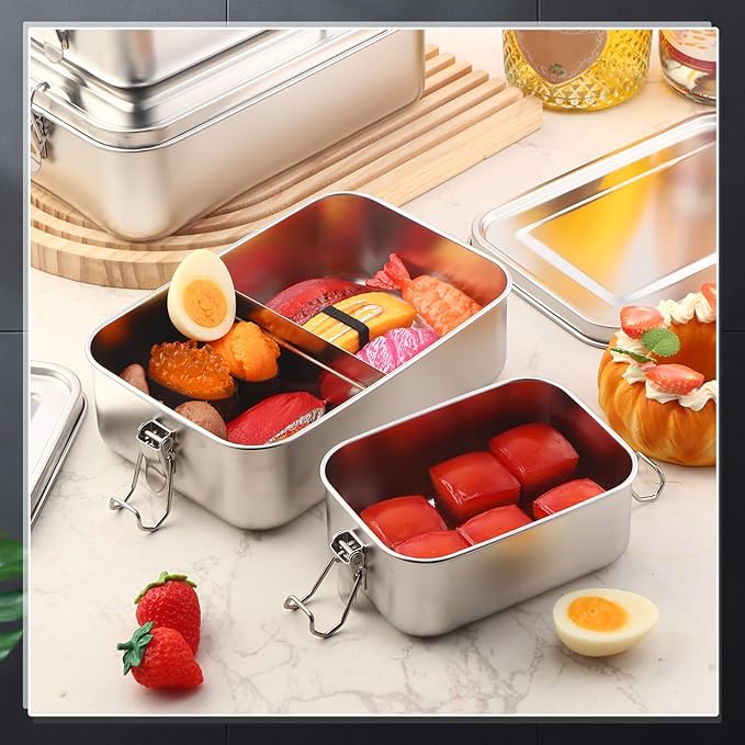 Umigy 4 Pcs Stainless Steel Food Containers 550/850/1400/2400 ml Metal Bento Lunch Box Stainless Steel Food Storage Containers, Lockable Clips to Leak Proof, Reusable Dishwasher Snack Boxes for Work