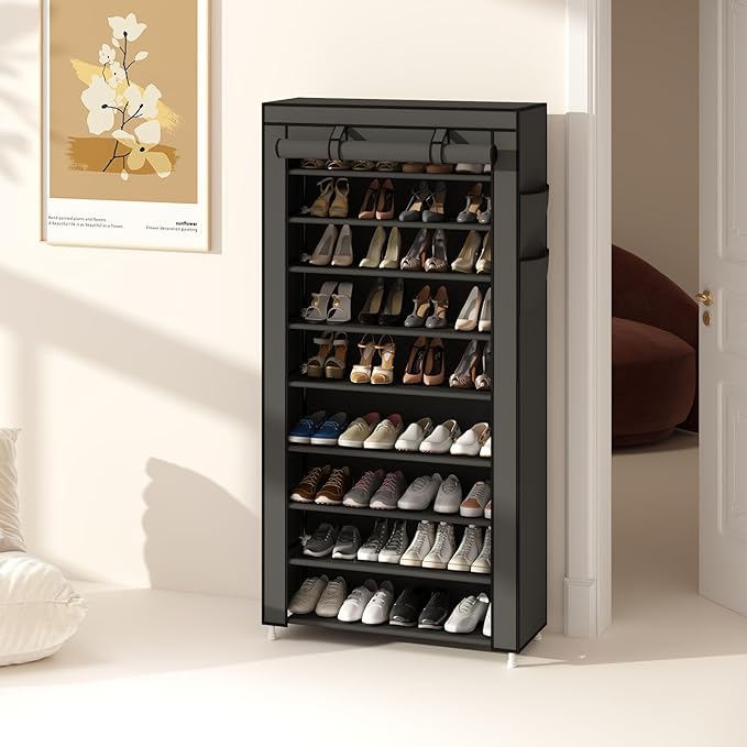 Calmootey 9 Tier Shoe Rack Organizer,Portable Shoe Shelf with Nonwoven Fabric Cover for Closet Hallway,Bedroom,Entryway,31.50x11.81x62.99inches,Grey