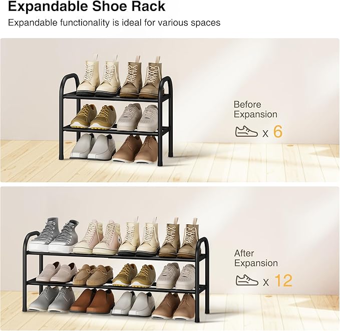 STO STO Expandable Shoe Rack, 2-Tier Metal Small Shoe Rack for Closet, Up to 12 Pairs Adjustable Shoe Rack Storage for Front Door Entrance, Free Standing Shoe Rack Organizer for Entryway, Black