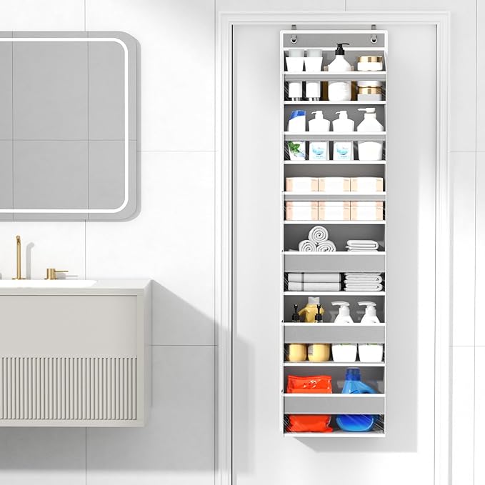 Mefirt Over The Door Organizer, 6 Shelf Door Hanging Organizers with 6 Large Capacity Pockets, Behind Door Storage Hanging Shelves for Closet Wall Bathroom Bedroom Nursery