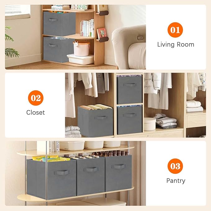 GhvyenntteS Storage Cubes, 11 Inch Cube Storage Bins with Dual Handles, Collapsible Fabric Storage Bins for Shelves, Storage Baskets for Organizing Clothes, Bedding, Toys, Books (6 Pack, Gray)