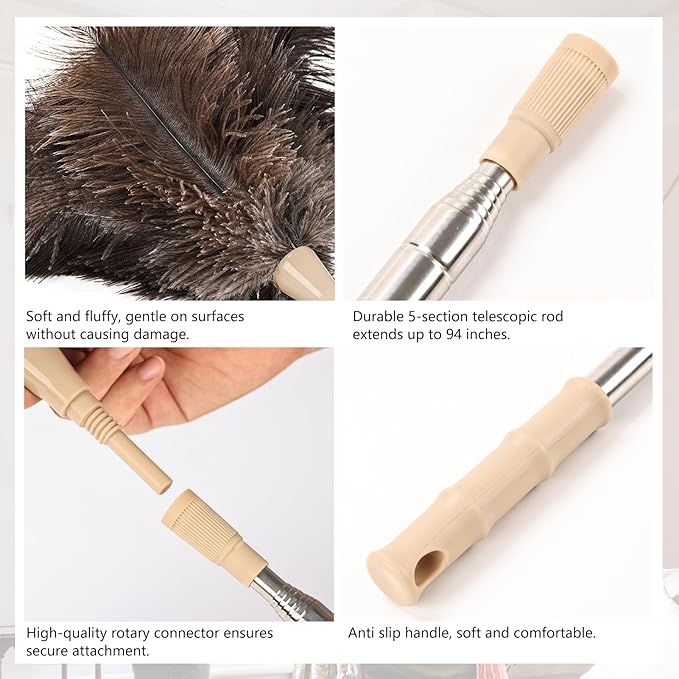 Extendable Ostrich Feather Duster 27-94 Inch, Natural Cleaning Duster Extension Pole Reusable for High Ceilings, Fans, Blinds, Furniture, Interior & Roof Dusting(one Pack)