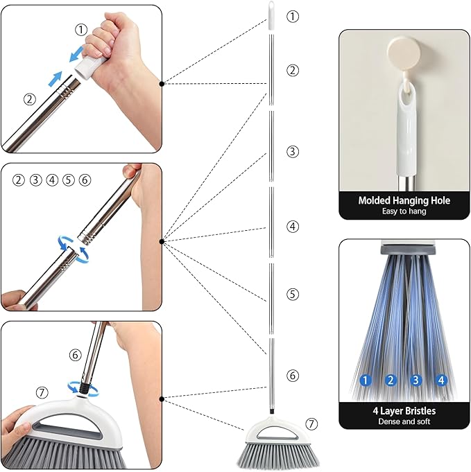 Angle Broom for Hardwood Floors - Soft Bristled Kitchen Broom, Indoor & Office Use (Off White)