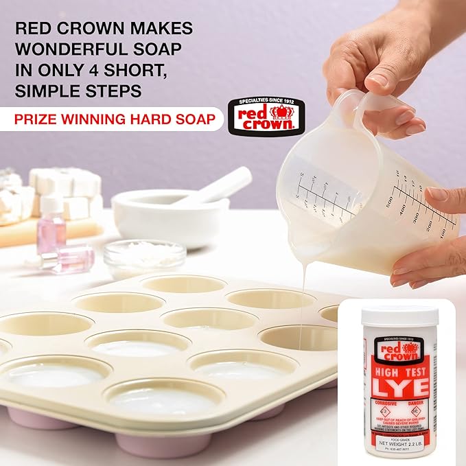 The Boyer Corporation Red Crown Lye for Soap Making, Sodium Hydroxide Pure High Test Food Grade Lye, Caustic Soda, Drain Cleaner and Clog Remover, 3 Pack 2.2 lbs.