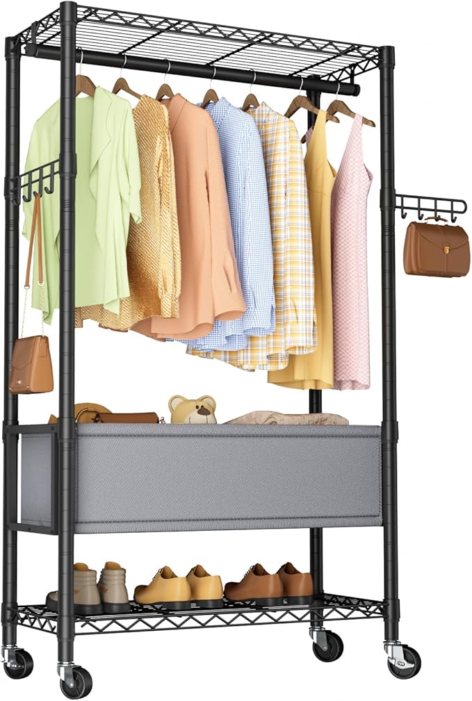 Heavy Duty Clothes Rack Rolling Garment Rack,3 Tier Adjustable Wire Shelving Clothing Racks for Hanging Clothes with Double Rods&Side Hooks,Freestanding Wardrobe Storage Rack Metal Portable Closet