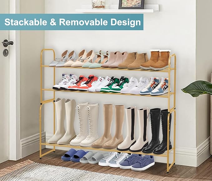 AOODA Long 2 Tier Shoe Rack for Closet Metal Wide Stackable Shoe Storage Organizer for Entryway, Bedroom, Floor, 18-Pairs Low Sneaker Shelf, Golden