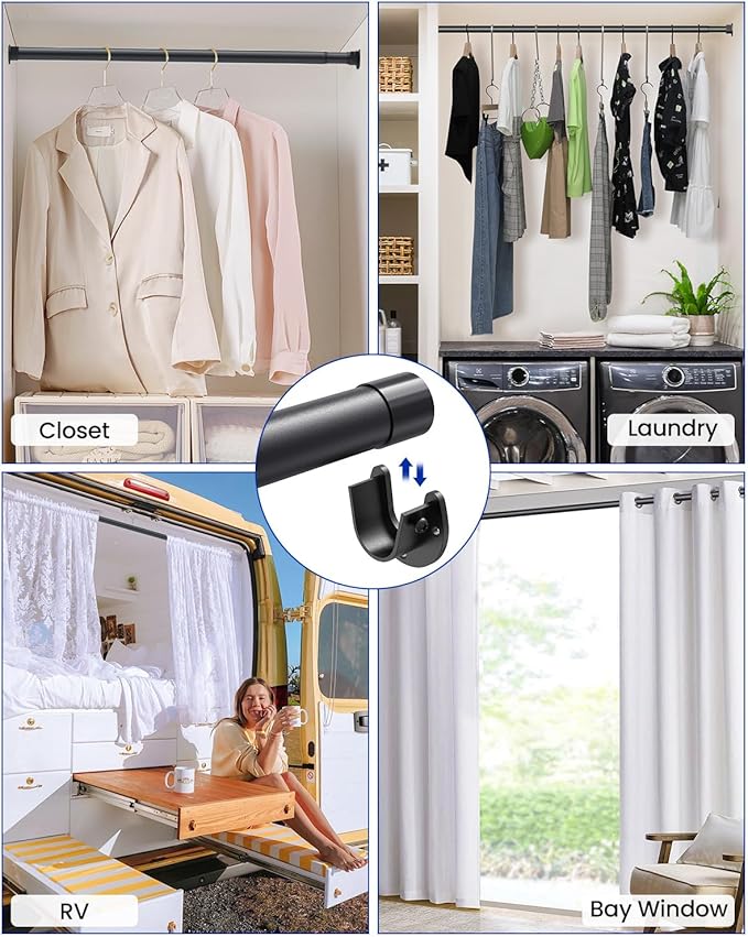 Supforce Closet Rods for Hanging Clothes, 17 to 129 Inches Stepless Adjustable Metal Closet Rod, 1.3 Inches Heavy Duty Clothes Hanging Rod for Closet Wardrobes Laundry RV, Black