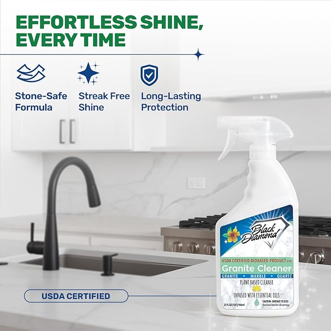 Black Diamond Stoneworks Granite Counter Cleaner: USDA Certified BIOBASED- Safe for Granite and other stone countertops. Safe for food contact formula to keep your countertops looking fresh and clean!
