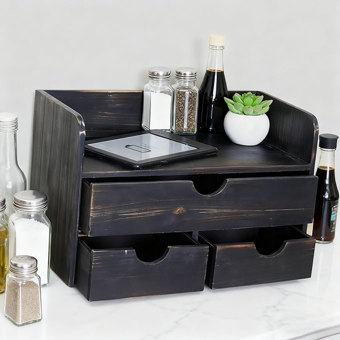 Vintage Rustic Wooden 3 Drawer with Shelf Office Desk Organizer & Mail Rack For Desktop,makeup holder Box for Office Home Toiletries Supplies Vanity, No Assembly Required (Rustic Black)