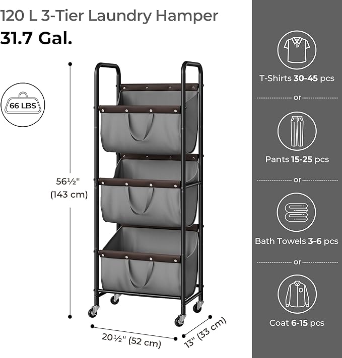 GRANNY SAYS 3 Tier Laundry Sorter, Laundry Hamper with Wheels, Laundry Room Organization and Storage, 3 Section Rolling Laundry Cart for Dorm, Bathroom, Bedroom, Closet, Grey