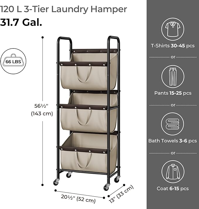 GRANNY SAYS 3 Tier Laundry Sorter, Laundry Basket with Wheels, Laundry Room Organization and Storage, 3 Section Rolling Laundry Cart for Dorm, Bathroom, Bedroom, Closet, Light Khaki