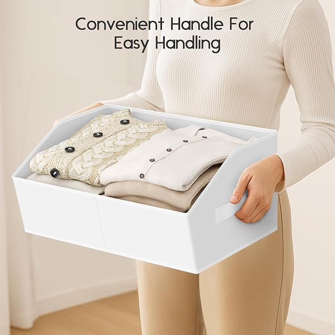 Large Closet Organizers and Storage Bins - 6 Pack Trapezoid Storage Baskets for Shelves, Foldable Fabric Baskets with Handles Ideal for Closet, Basket, Wardrobe and Shelf Storage, White