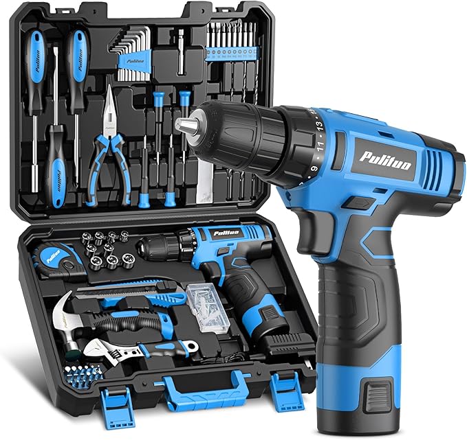 PULITUO Tool Set, 148-Piece Home Drill Set with 12V Blue Cordless Drill, Hand tool Kits, and Box, Suitable for Men, Women, and DIY Enthusiasts for Home Improvement.