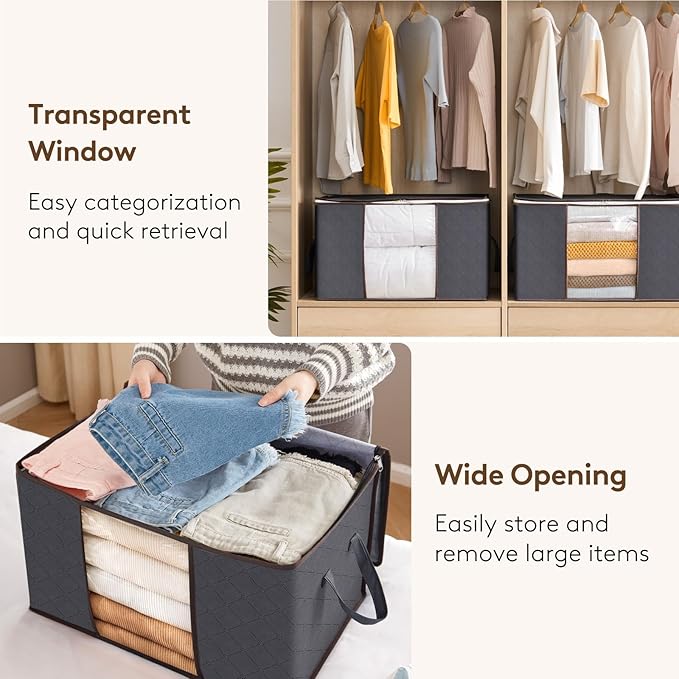 Lifewit 18 Pack 60L Clothes Storage Bins with Lids, Foldable Blanket Storage Bags with Zippers, Clear Window and Reinforced Handles, Closet and Organization for Clothing, Sweater, Comforter, Bedding