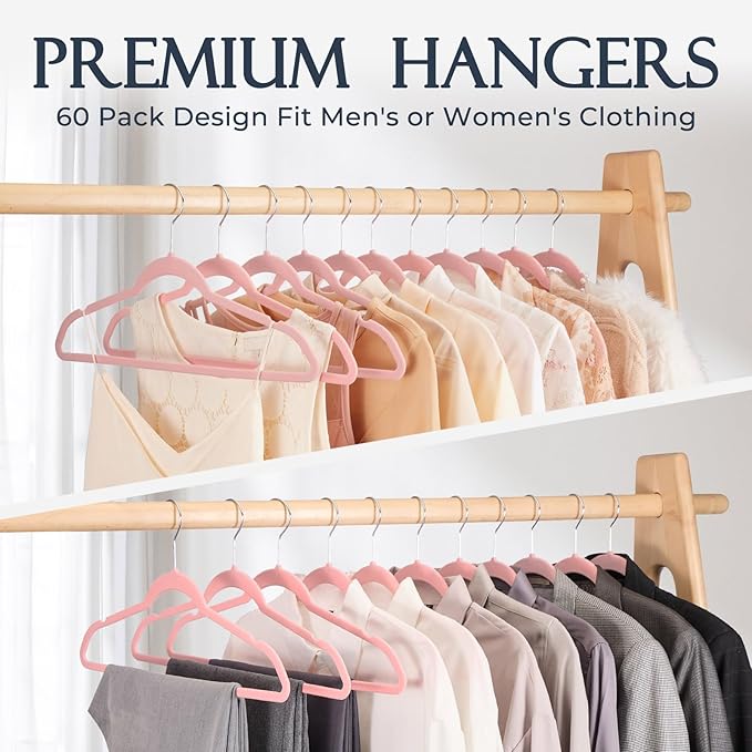 HOUSE DAY Lt Pink Velvet Hangers 20 Pack, Non Slip Clothes Felt Hanger Heavy Duty for Coat, Premium Slim Space Saving Suit Hangers for Closet Organizer, 360° Rotating Silver Hook