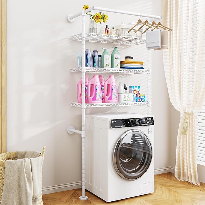 ULIFHOME U17 Wall-Mounted Over The Washer Dryer Shelves Without Moving Machines, Laundry Room Rack with Adjustable Shelves and Hanger Rod, 35" W x 22" D x 86.2" H, Holds 352 lbs, White