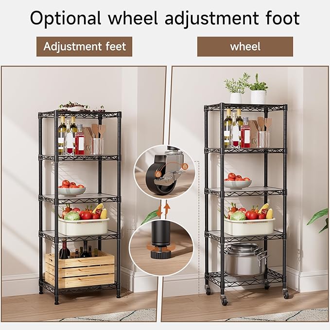 Golpart Small 5 Tier Shelves Storage Wire Shelving Unit Metal Shelf Adjustable Organizers Storage Shelving with Wheels for Bathroom Laundry Room Kitchen Pantry12”D x 18”W x 57.2”H Black