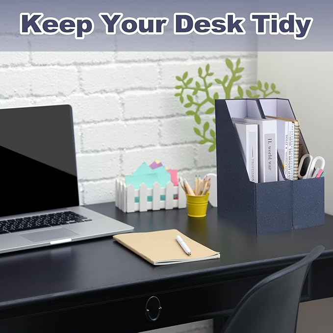 Gueevin Set of 6 Magazine File Holder Stylish Sturdy Cardboard File Boxes Desk Magazine Organizer Rack with Gold Label Holder to Organize Your Desk or Shelves for Home Classroom Office Library(Blue)