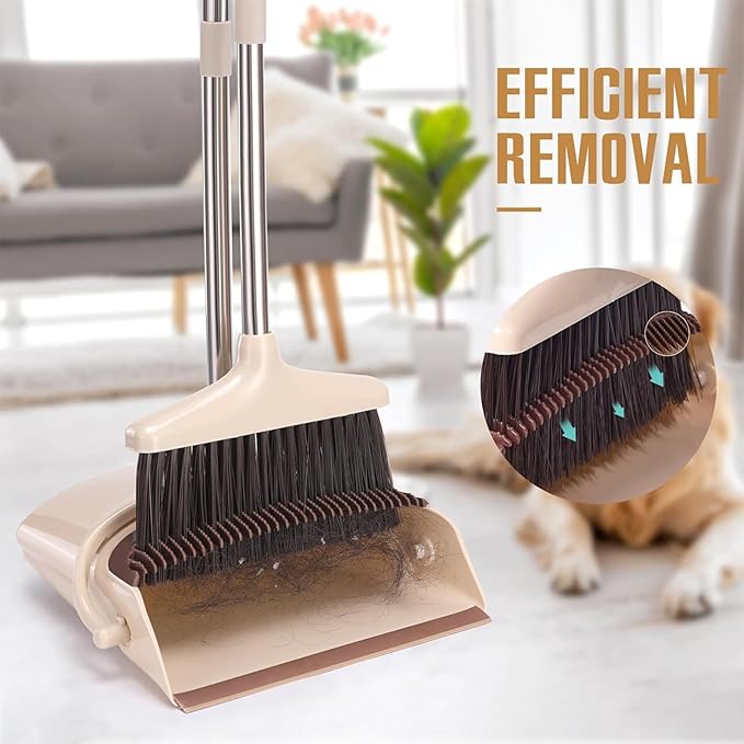 Broom and Dustpan Set, Long Handle Stand Up Broom and Dust Pan Combo, Self-Cleaning with Dustpan Teeth, Indoor&Outdoor Sweeping, Ideal for Dog Cat Pets Home Use (Beige & Brown)
