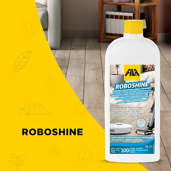 FILA Surface Care Solutions, ROBOSHINE, Detergent for All Robot Vacuum and Mop Combo and Wet Dry Vacuum Cleaner, Up to 100 Washes, Hard Floor Cleaner Mop Liquid for All Floor Tiles, 1Qt