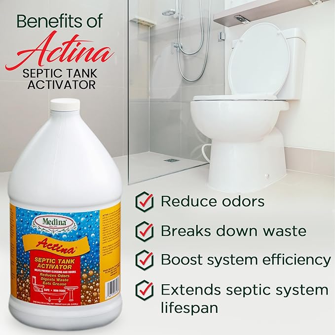 Medina Actina Toilet Clog Remover - Natural Sink Drain Cleaner Liquid for Effective Waste Digestion and Odor Control - Reduced Maintenance in Shower Drain Clog Remover (128 OZ)