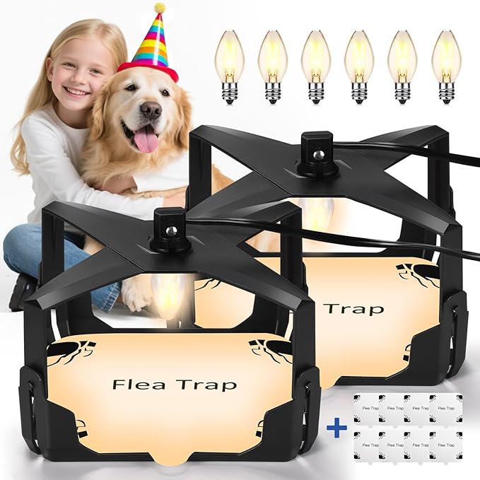 Flea Trap for Inside Your Home - 6 Bulbs & 8 Sticky Glue Boards for Bed Bug Control, Flying Insects Killer, Trap Pest Control for Bugs Gnats Moths Indoor and Outdoor（Black）