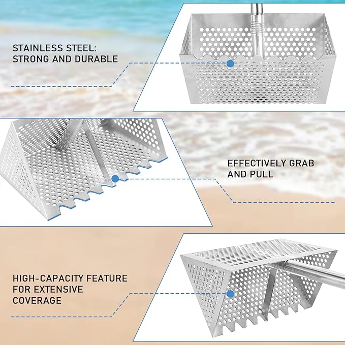 Sand Flea Rake, Long Handle Sand Sifter with 65-Inch Pole - Stainless Steel Shark Tooth Sifter, 13-Inch Wide Mesh Screen for Beach, Seaside Collecting of Fleas, Shark Teeth & Seashells