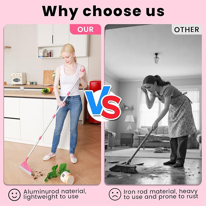 AIr Broom Sweeper, Multifunction Replaceable Silicone Broom, Household Squeegee for Floor Cleaning, Bathroom, Pet Hair, Dog Broom Brush Set (Bright Pink)