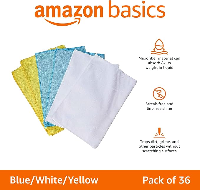 Amazon Basics Microfiber Cleaning Cloths, Ultra Absorbent, Scratch-Free, Highly Absorbent, Non-Abrasive, Reusable and Washable, 16" x 12", Blue/White/Yellow, 36-Pack
