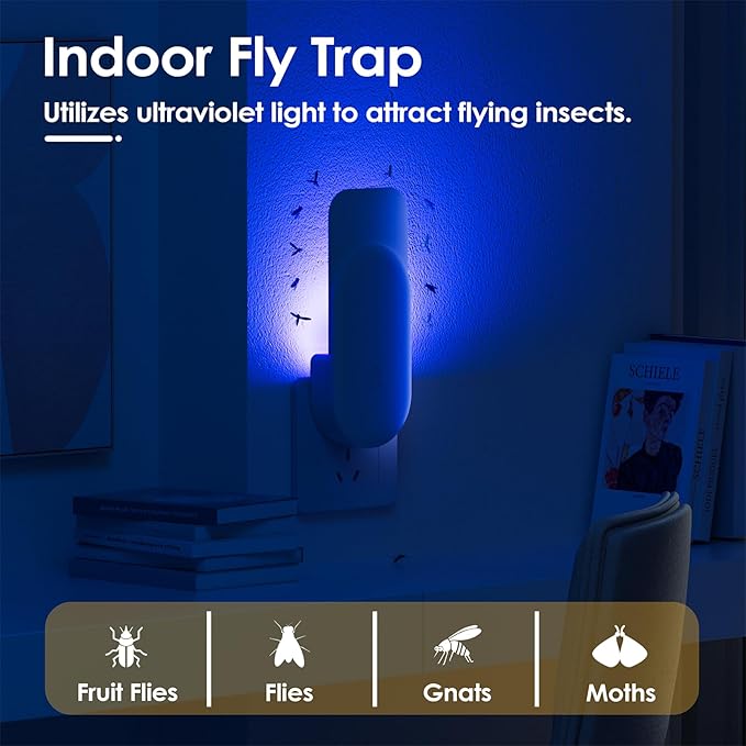 Flying Insect Trap, 2 in 1 Indoor Plug-in Fruit Fly Trap, 4 Trap White and 24 Glue Cards, Fruit Fly Traps for Gnat, Moth, Mosquito, Suitable for Every Part of The Home