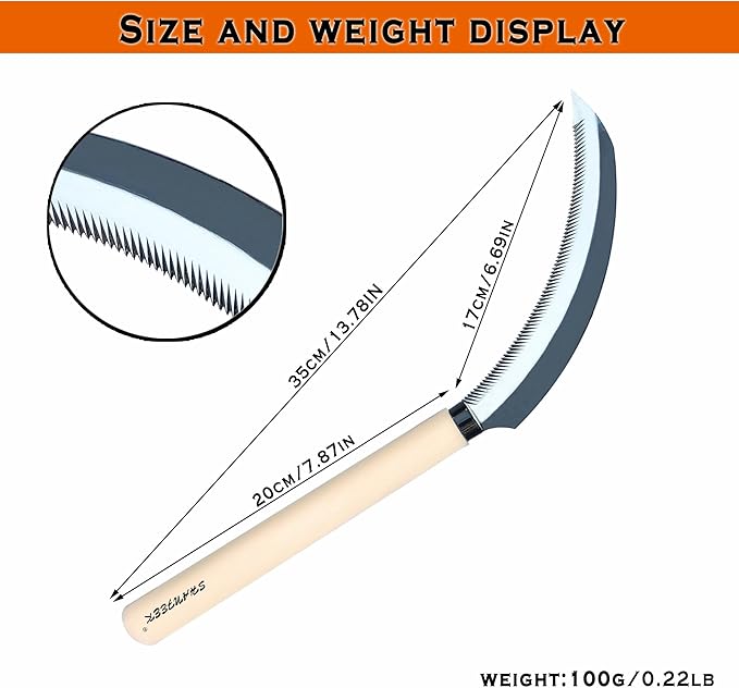 SHANFEEK Grass Sickle with Sawtooth Japanese Weeding Hoe Garden Hand Tool Weeding Tools for Garden High-Strength Steel with Solid Wood Handle (White)
