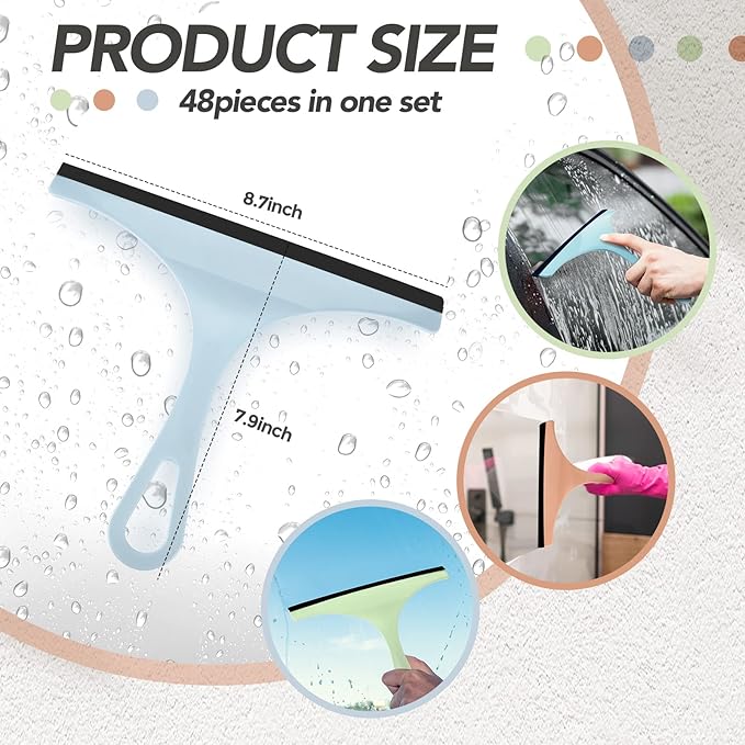 48 Pcs Squeegee for Shower Glass Door, 8.7 Inch Silicone Shower Squeegee Small Glass Wiper Window Scrubber Household Cleaning Wiper Tool with Hanging Hole for Car Windshield, Pink, Blue, Green