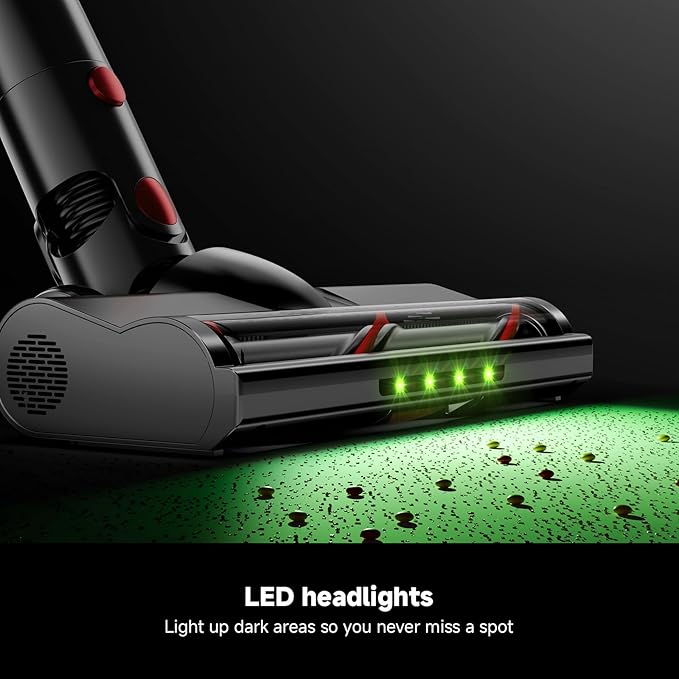 Honki Cordless Vacuum Cleaner for Home, Powerful Stick Vacuum with Rechargeable Battery, Green Light Anti-Tangle Brush, 6-in-1 Lightweight Handheld Vacuum for Pet Hair, Hard Floor, Carpet, Red
