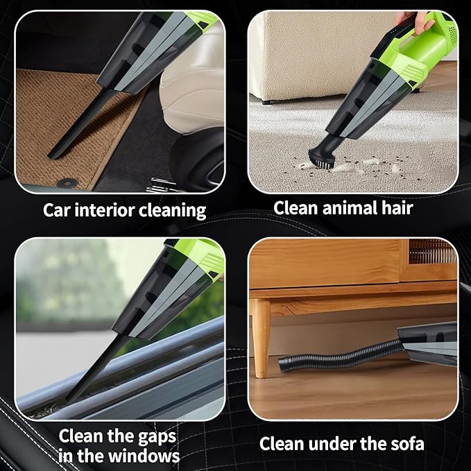 Cordless Car Vacuum: Portable Handheld Vacuum with LED Light, High Power Suction, Lightweight Rechargeable Hand Vacuum Cleaner for Car, Home, Office, and Pet Hair - Green