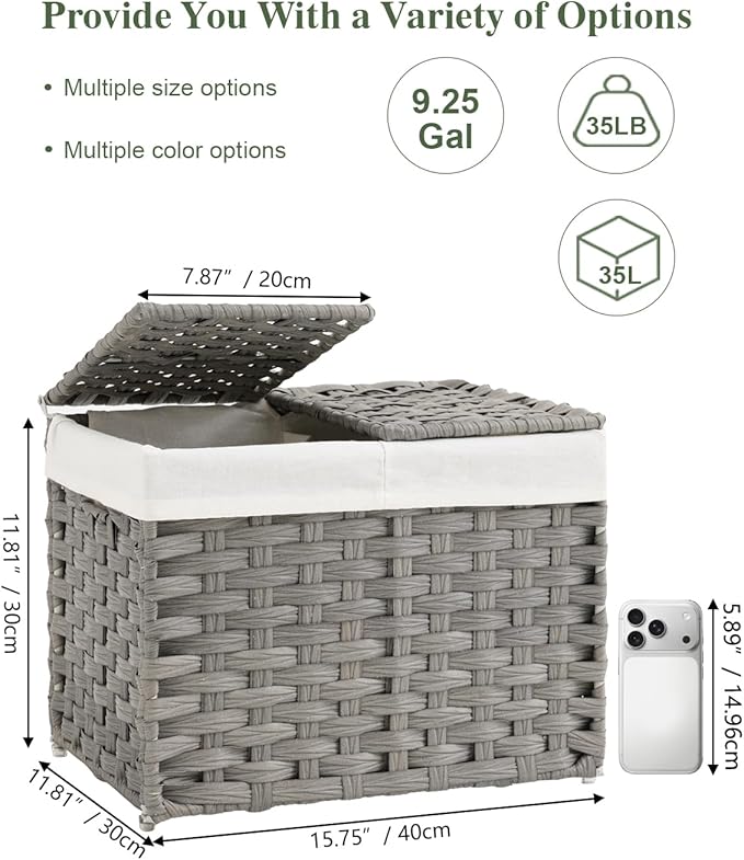 Storage Basket with Lid Woven Wicker Baskets with 2 Separate Lid, 9.2 Gallon (35 L) Wicker Storage Bins with Handles, Foldable and 2 Removable Liner Bags for Bedroom, Laundry Room Gray