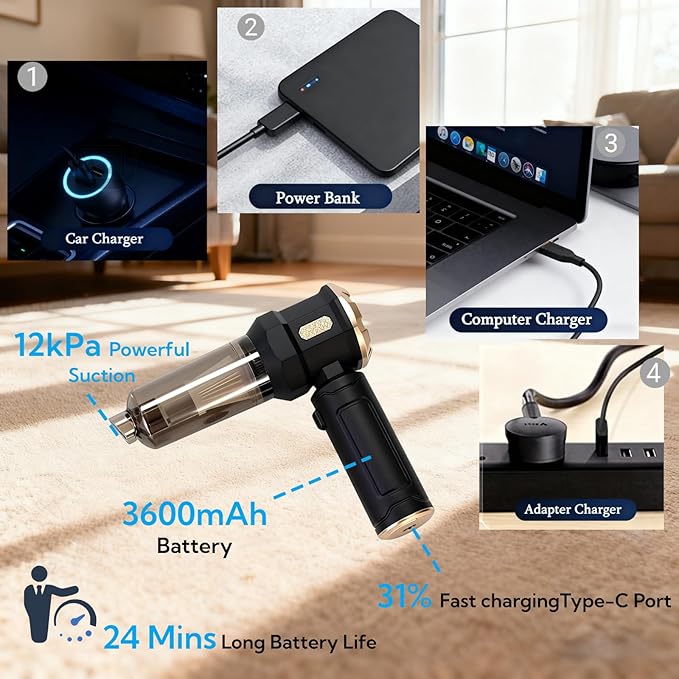 Handheld Car Vacuum Cleaner, 16000Pa Vacuum Cleaner and Air Duster, Multi-Nozzles for Car, Home, Office, Pet