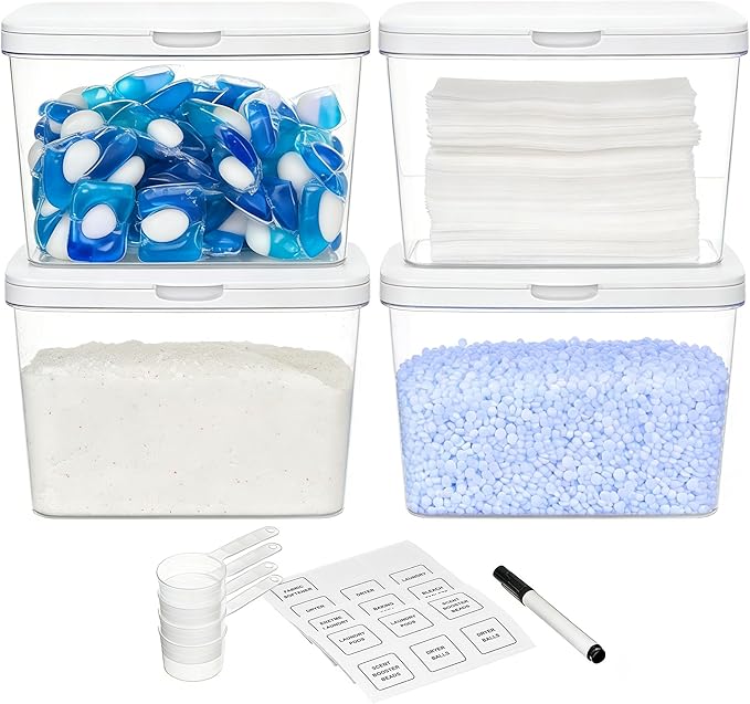 Vtopmart 4 Pack Laundry Pods Container and Dryer Sheet Holder, Detergent Powder Container with Lids &Labels & Scoop for Laundry Room Organization, Laundry Storage for Powder, Pods, Scent Booster Beads