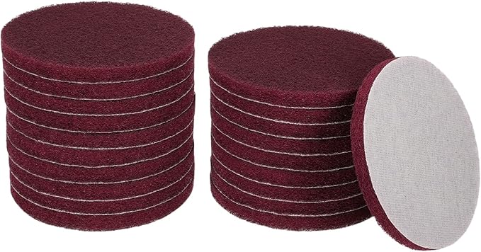 HARFINGTON 12pcs Scrubber Scouring Pads 500 Grits 5 Inch Drill Power Brush Hoop and Loop Surface Conditioning Disc Drill Scuffing Disc Scrub Pads for Home Kitchen Cleaning, Dark Red