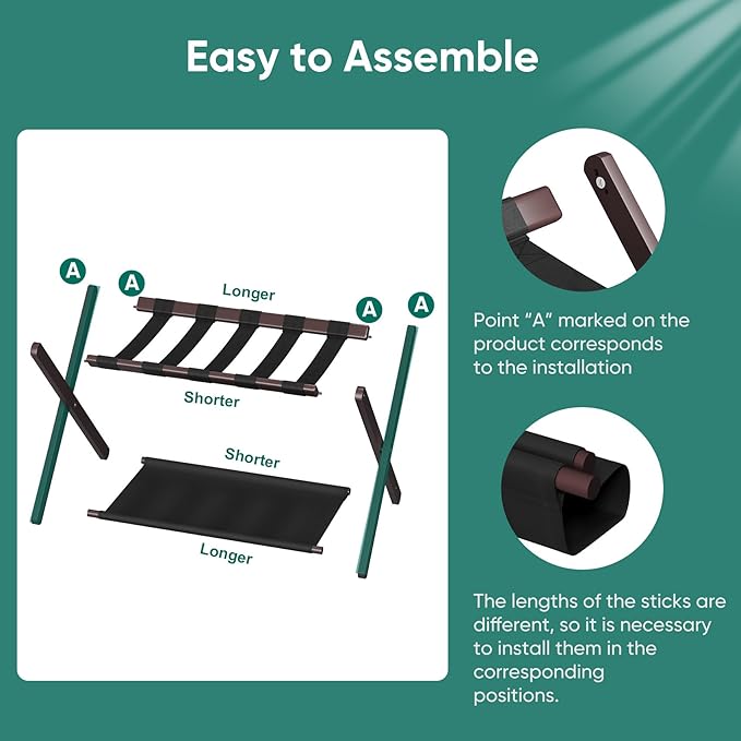 Smuxee Brown Bamboo Luggage Rack for Guest Room, Foldable Suitcase Stand with Storage Shelf, Easily Assembled Luggage Stand with 5 Nylon Straps for Guest Room Bedroom Hotel