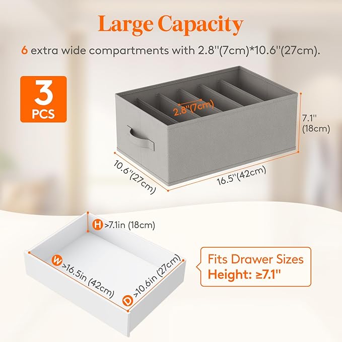 Lifewit 3 Pack Clothes Organizer, 6 Grids Closet Jean Storage Bins with Handles and Support Boards, Foldable Drawer Organizer for Sweater, Pants, T-shirt, Dress, Grey, 42 x 27 x 17 cm/16x10x7''