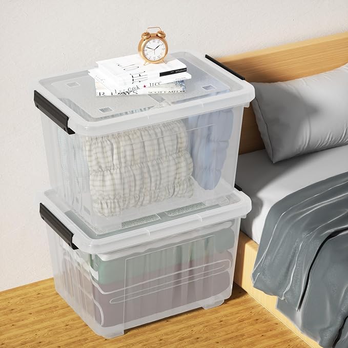50 Quart Large Storage Boxes with Wheels, 4-Pack Clear Plastic Storage Bins with Lids