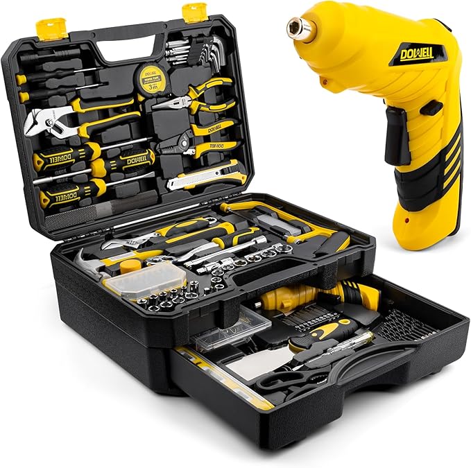 DOWELL 219-Piece Home Tool Set with 3.6V Electric Screwdriver, General Household Tool Kit in Drawer Toolbox for DIY, Furniture Assembly & Repair (Screwdriver, Hex Keys, Wrench, Hammer Included)