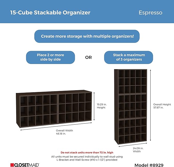 ClosetMaid 15 Cube Stackable Storage Organizer for Shoes, Bags, Crafts, Hobbies with Wood Shelves, for Closet, Entryway or Mudroom, Espresso