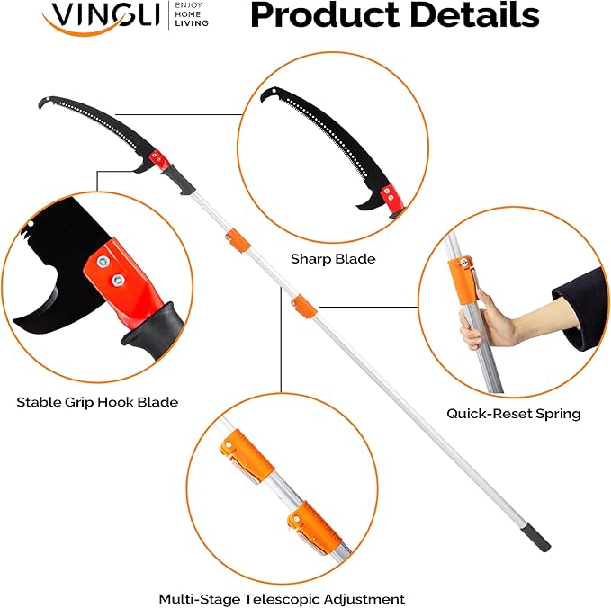 VINGLI 12ft Manual Pole Saws, Extendable Tree Trimmers Long Handle Pruner, 2Pcs Sharp Blade and Scissors, Long Tree Pruner with 2-section for Pruning Palms and Shrubs