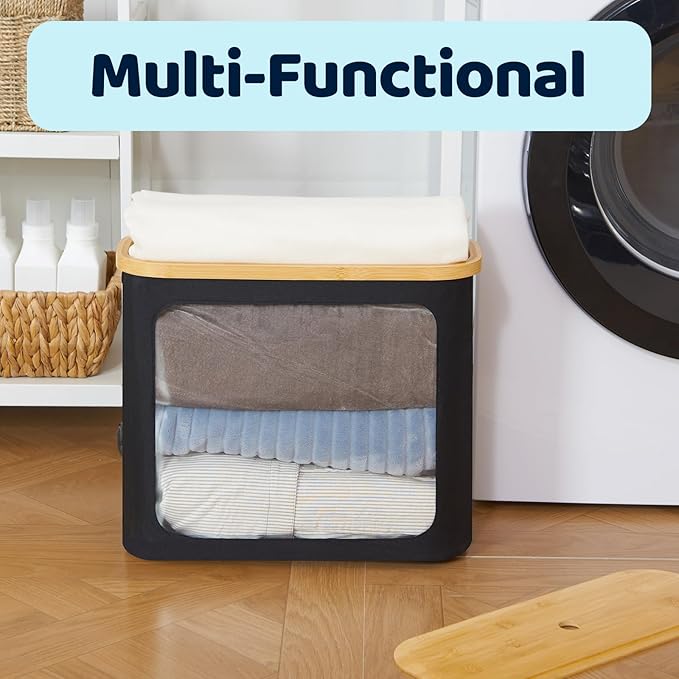 Toilet Paper Storage for 12 Rolls, Toilet Paper Basket with Lid, Bathroom Storage Organizer with Bamboo Lid, Black