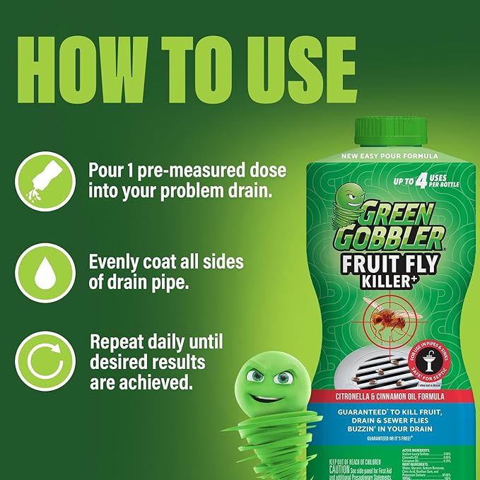Green Gobbler Fruit Fly Killer+ - Kills Fruit Flies, Drain Flies & Sewer Flies, Gel Treatment for Use in Sinks & Pipes - Safe for Septic Systems, 32oz